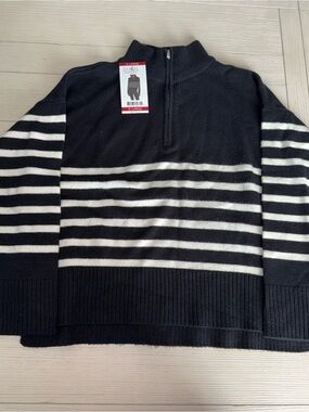 Women’s DKNY Black & White Striped Half-Zip Sweater